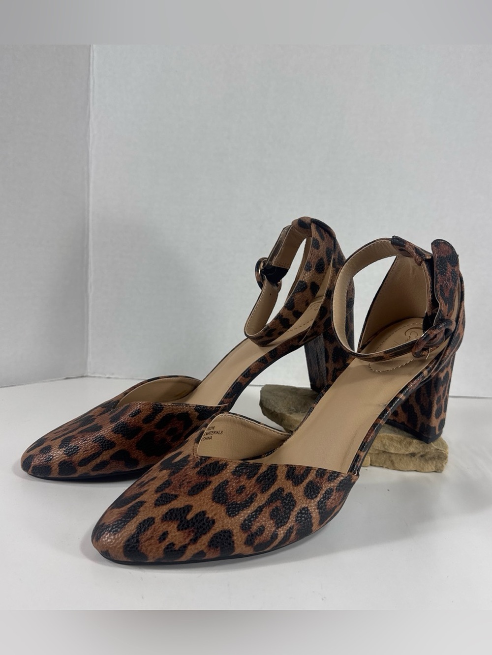 Leopard Print Ankle-Strap Block Heel Pumps - Brown